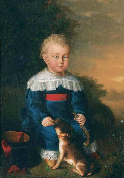 unknow artist Portrait of a young boy with toy gun and dog Sweden oil painting art